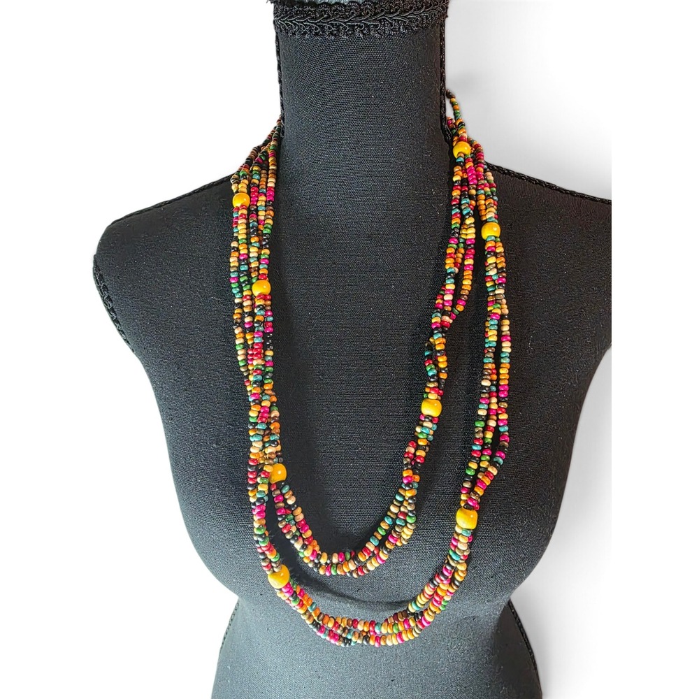 Boho Multi-Strand Wooden Seed Bead Long Wrap Necklace Ethnic Multicolor African